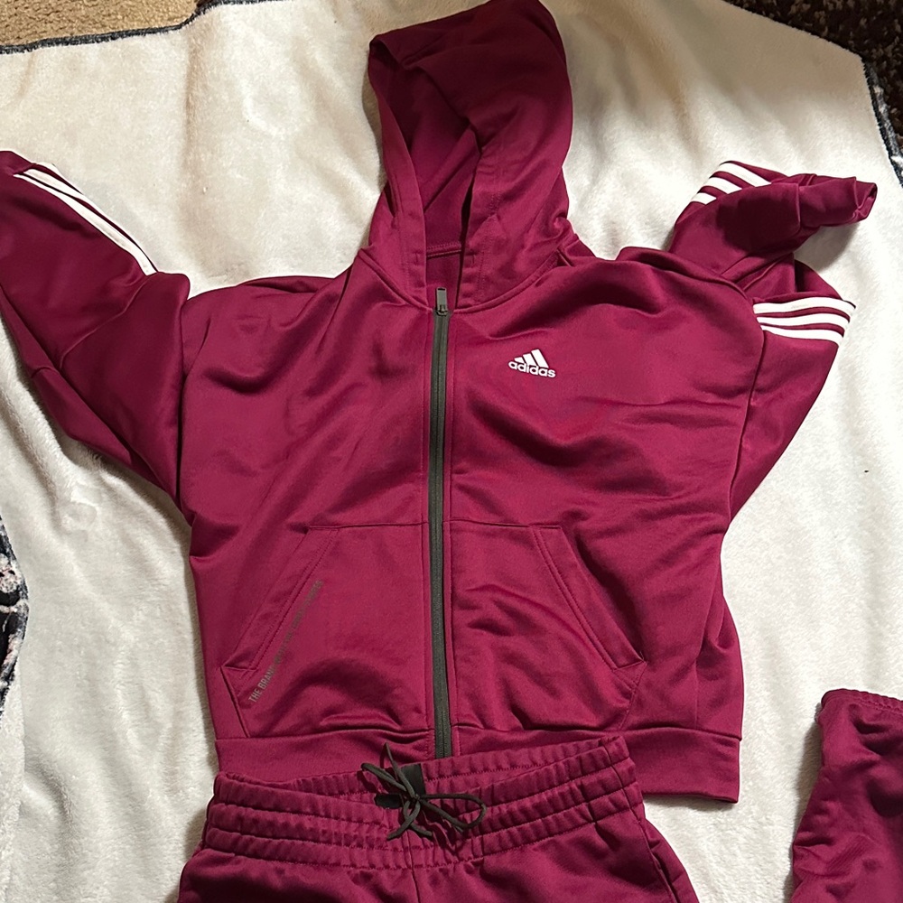 Adidas Maroon Hoodie Set with White Stripes